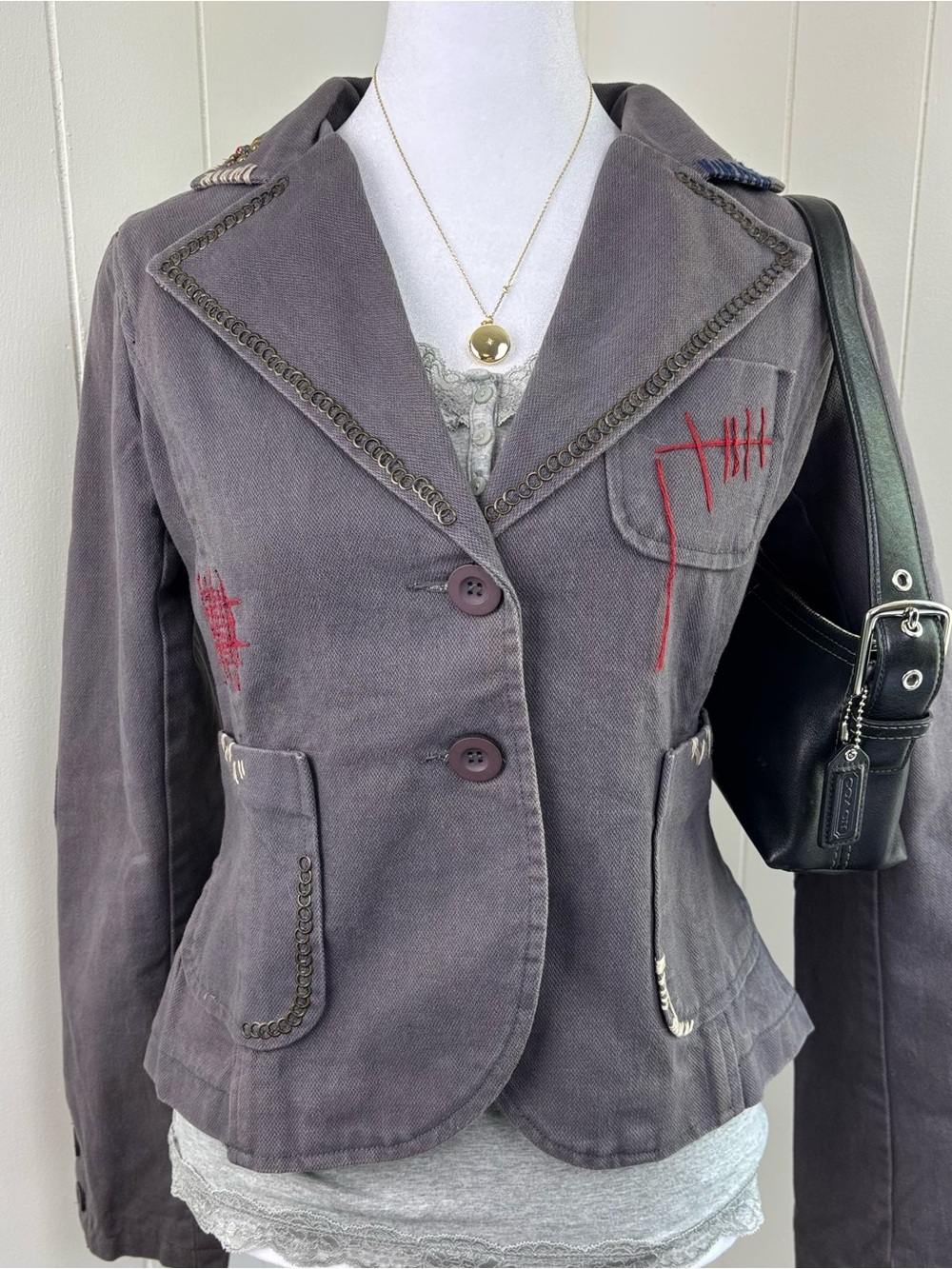 Y2K Denim Womens Blazer Jacket Hendi with stitching and patch details & graphic